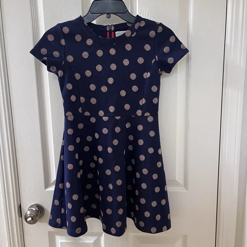 Johnnie B by Boden Navy Blue Gold Polka Dot Dress Fit & Flare Girls Size 9-10
